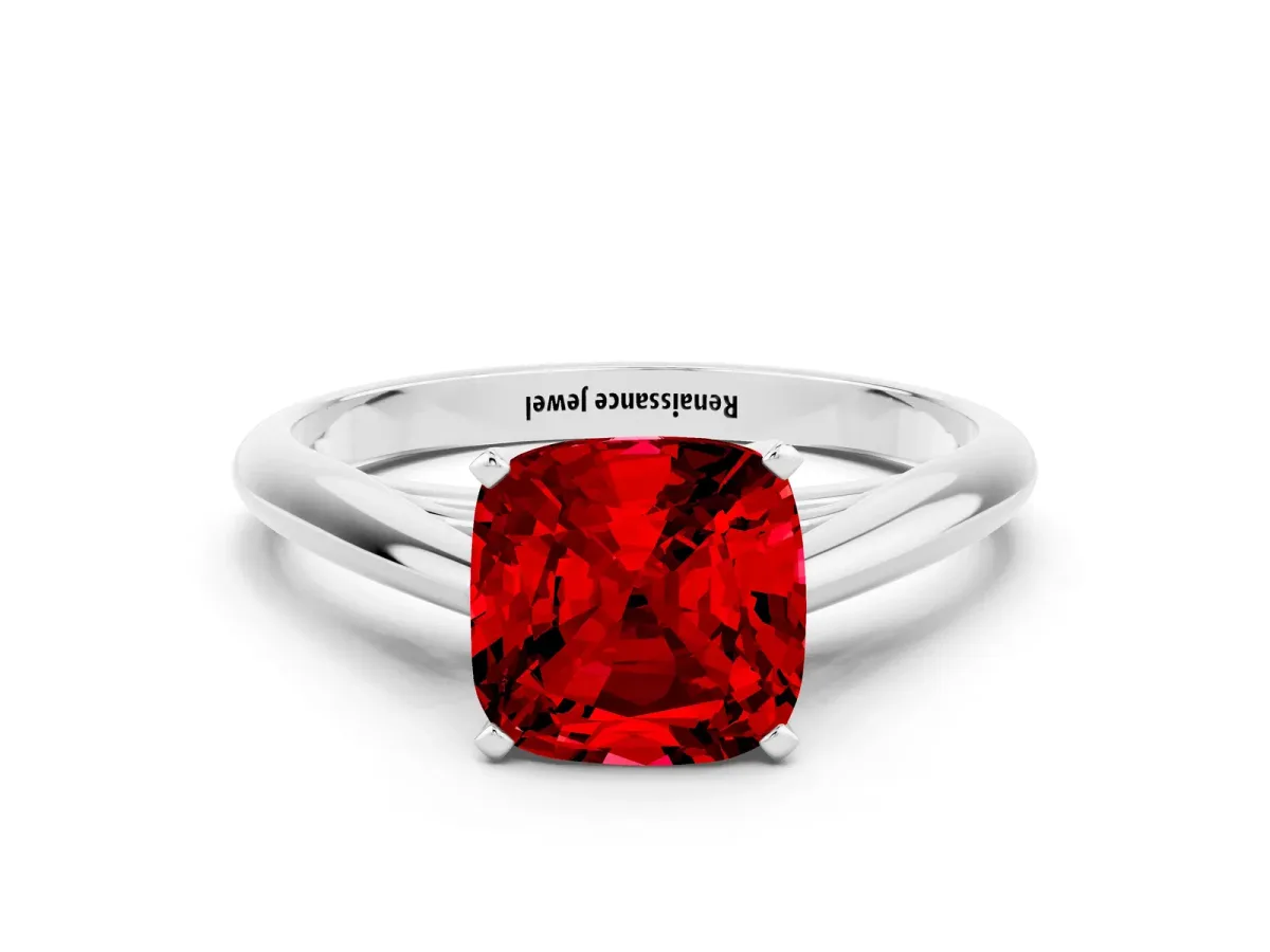 Cushion Cut Ruby Solitaire Engagement Ring with Cathedral Setting and Four-Prong Mount White gold
