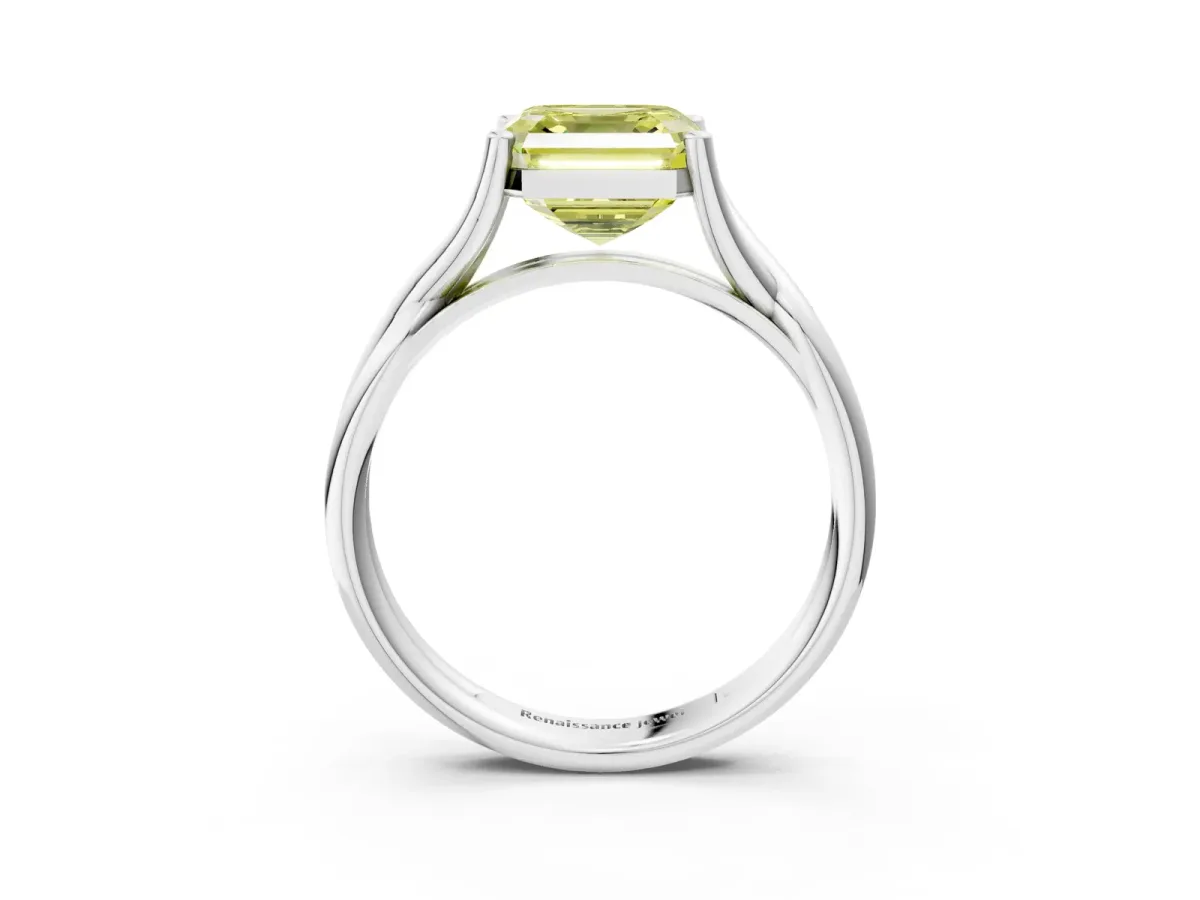 Fancy Yellow Asscher Cut Diamond Solitaire Twist Band Prong Setting Ring Platinum