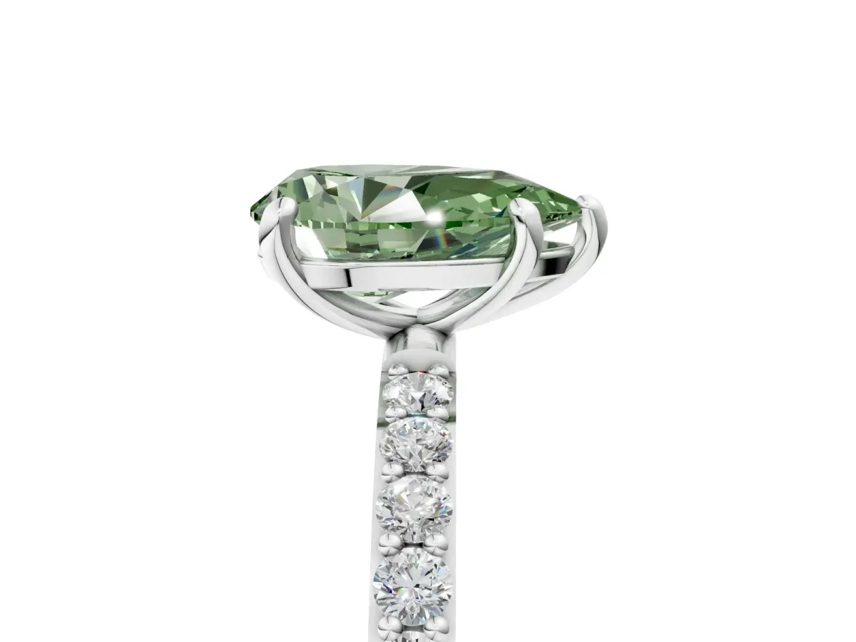 Fancy Green Pear Cut Diamond Solitaire Ring with Round Pavé Band and Prong Setting Silver