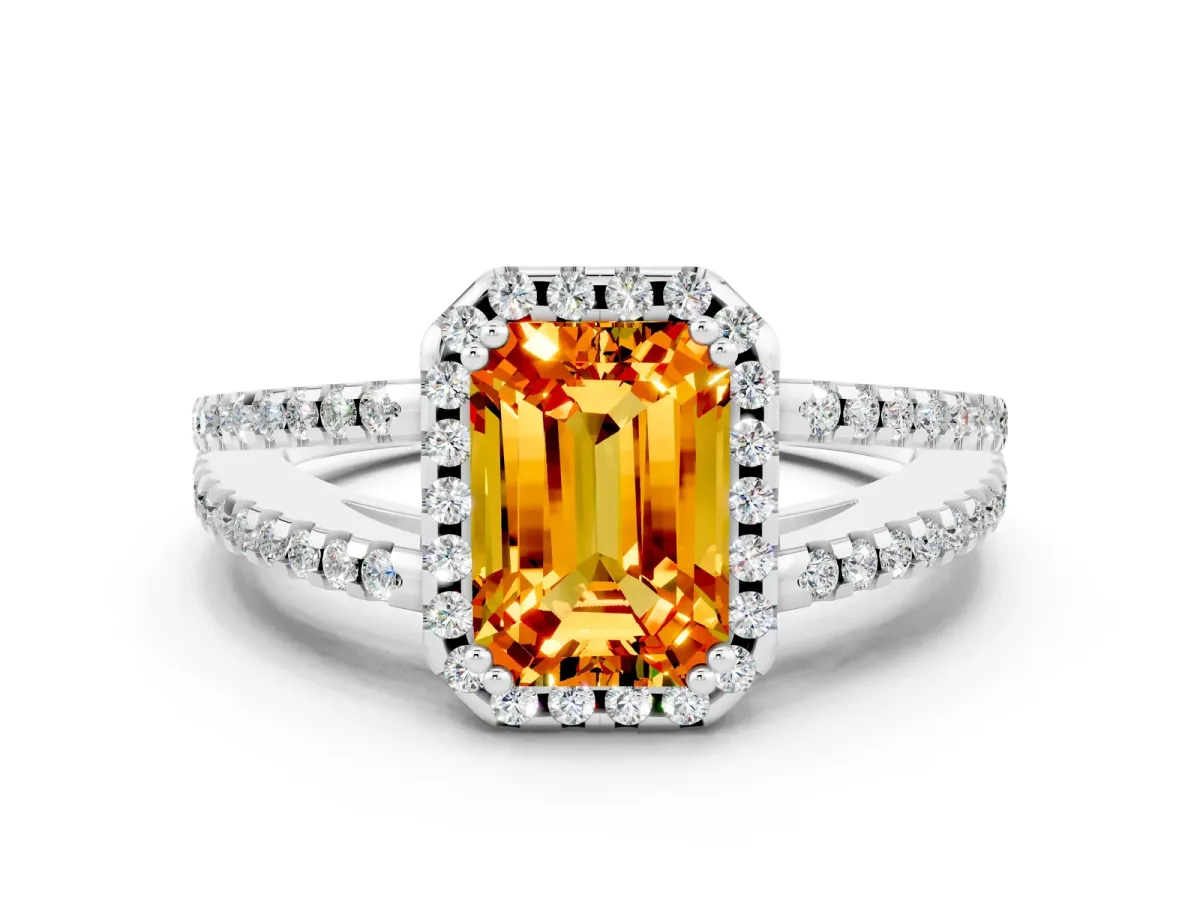 Emerald Cut Citrine Halo Split Shank Engagement Ring Platinum