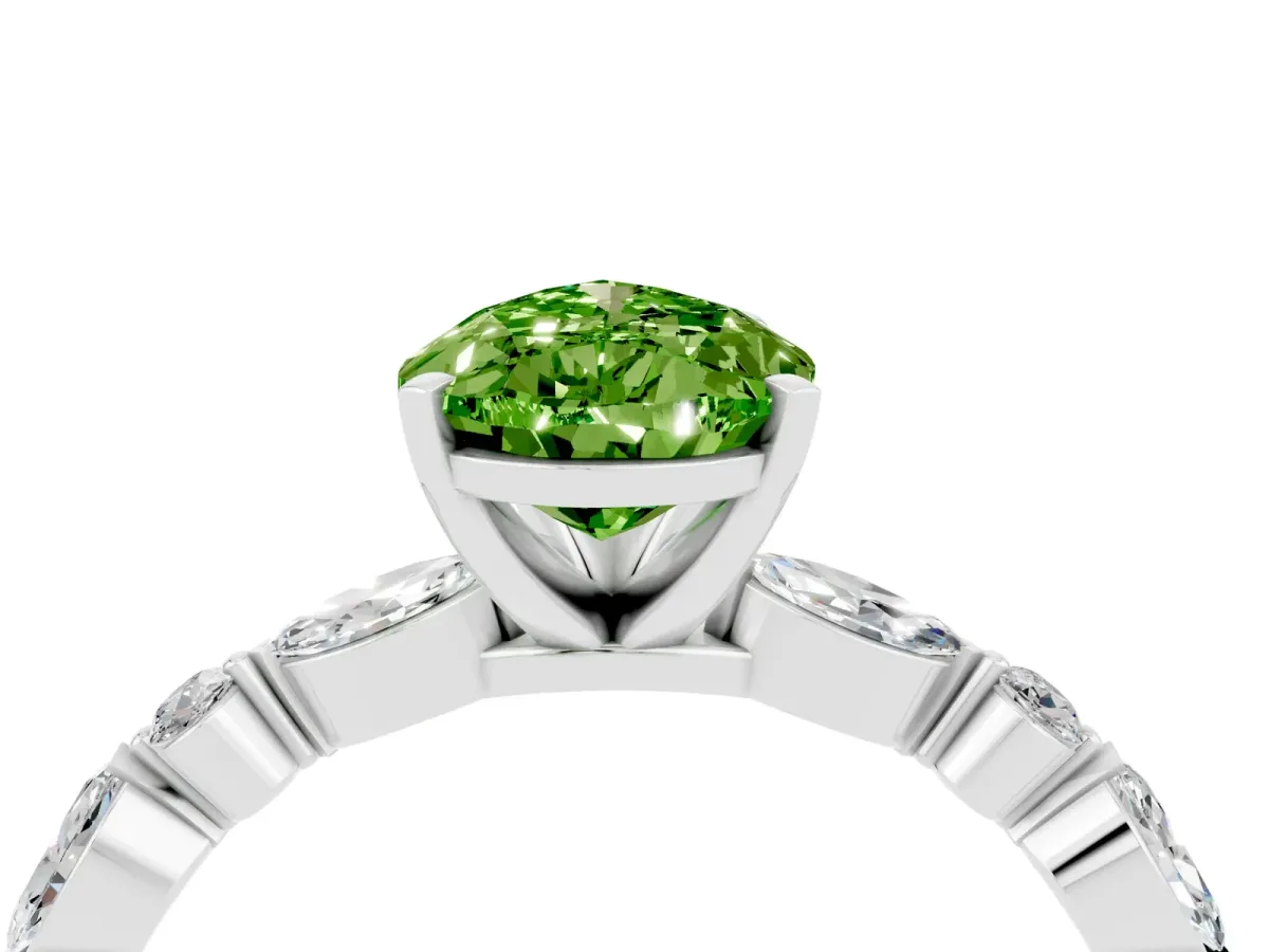 Pear Cut Peridot Ring with Marquise and Round Side Stones and Four-Prong Setting Silver