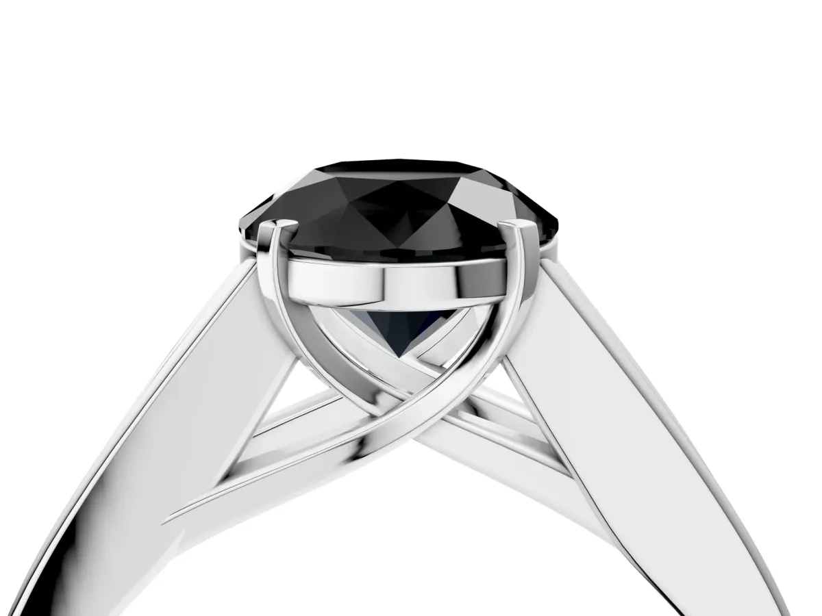 Fancy Black Round Cut Cut Channel Set Solitaire Ring with Four-Prong Setting Silver