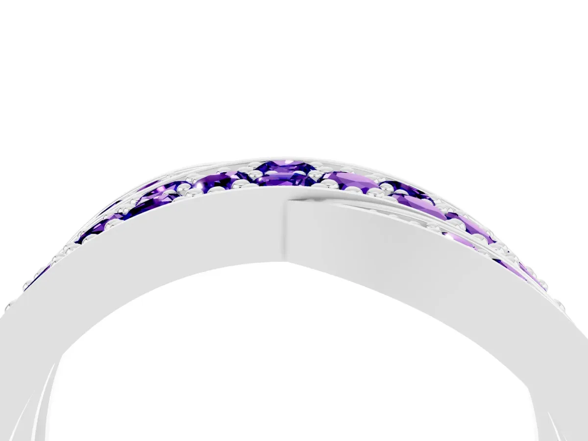 Pavé Round Tanzanite Crossover Band with Bead Prong Setting White gold