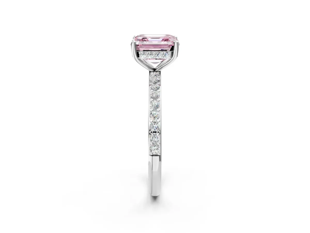Fancy Pink Asscher Cut Cut Diamond Pavé Band Ring with Four-Prong Setting Platinum