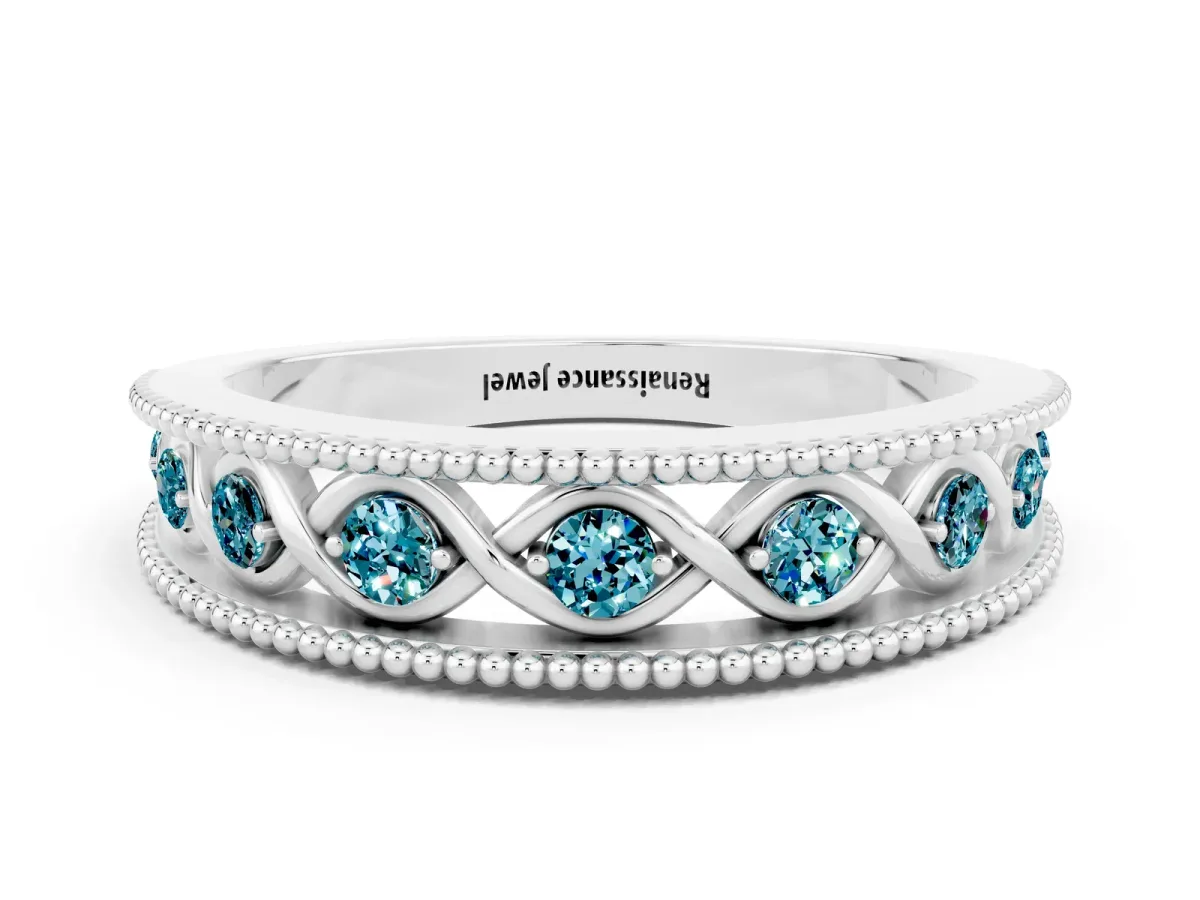 Round Blue Topaz Twist Milgrain Band with Bezel Setting White gold
