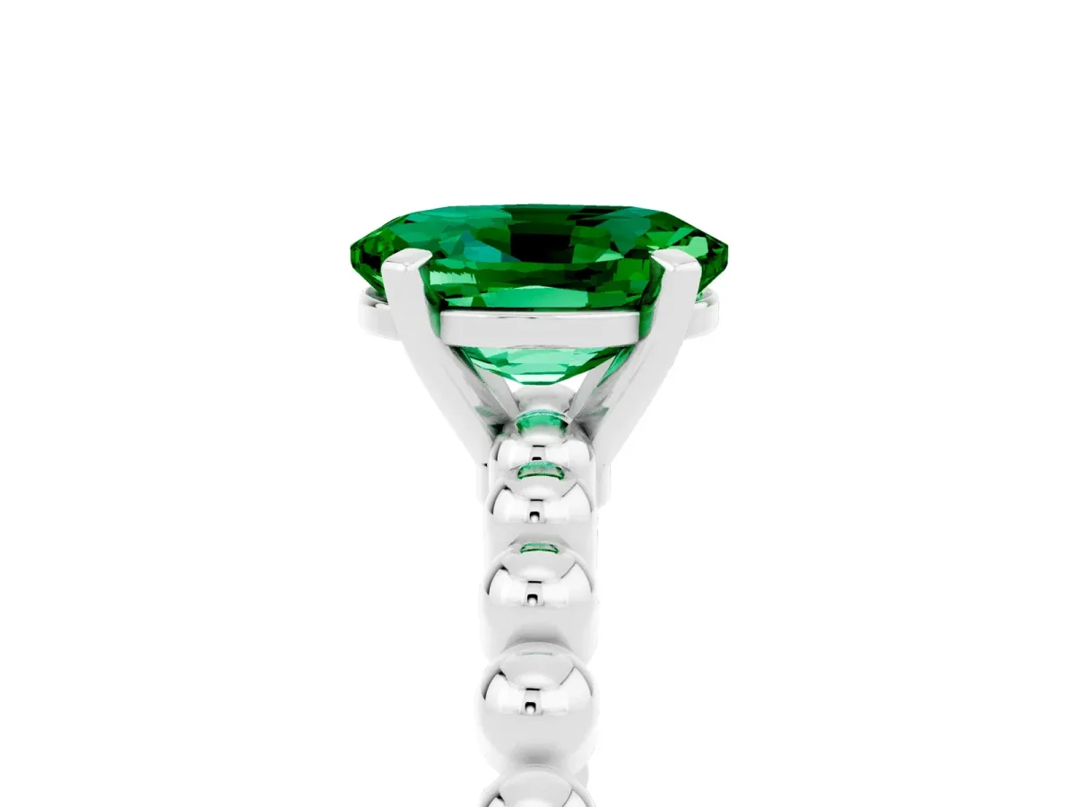 Oval Cut Emerald Solitaire Ring with Beaded Band and Prong Setting Silver