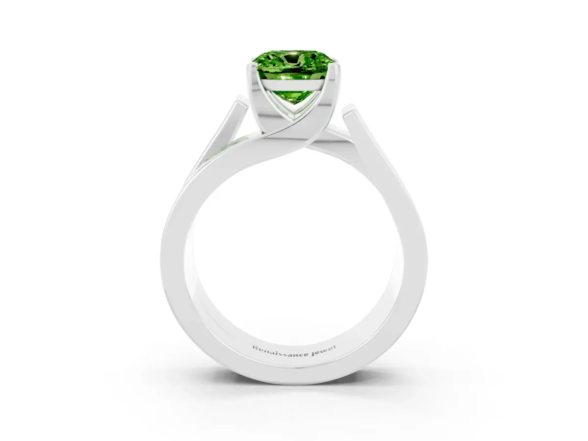 Modern Tension Set Cushion Cut Peridot Solitaire Wide Band Ring Silver