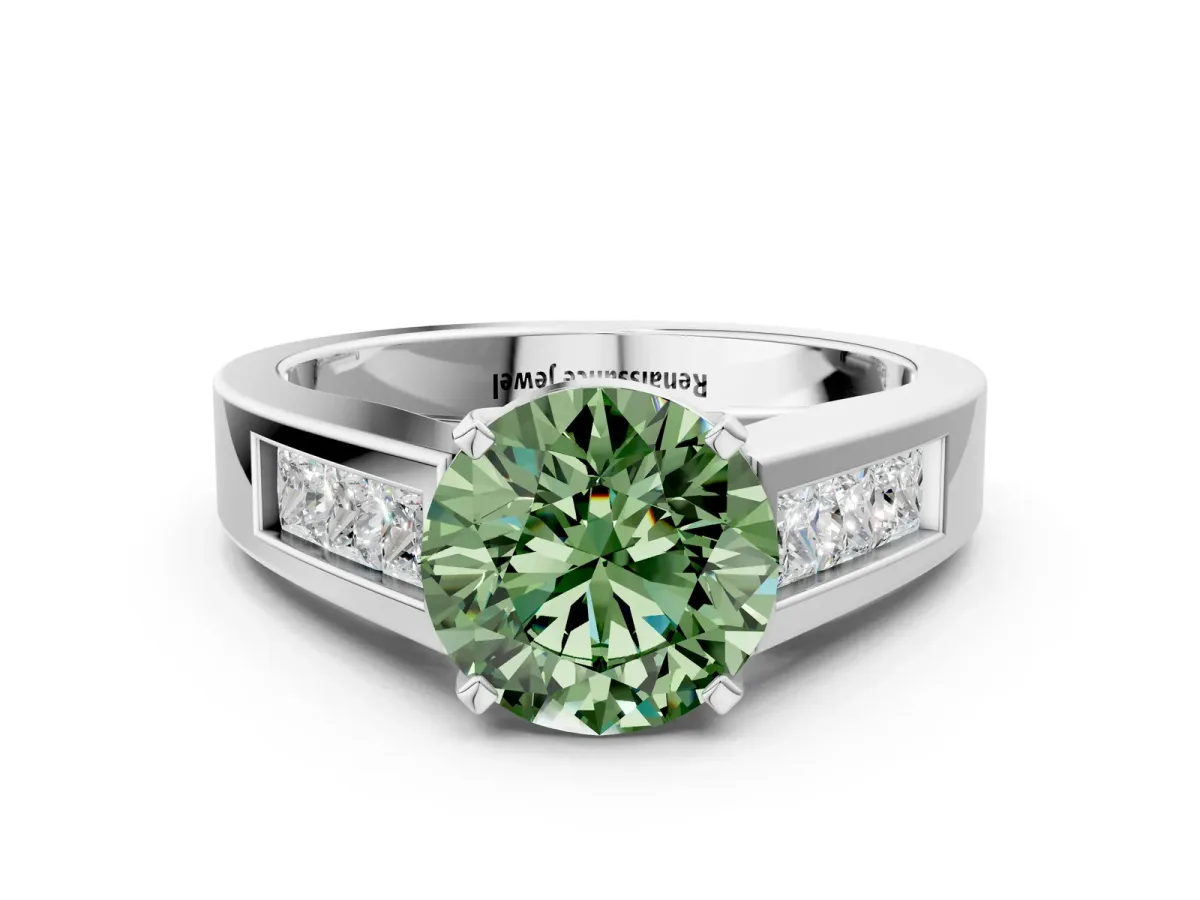 Fancy Green Round Cut Cut Channel Set Solitaire Ring with Four-Prong Setting Silver