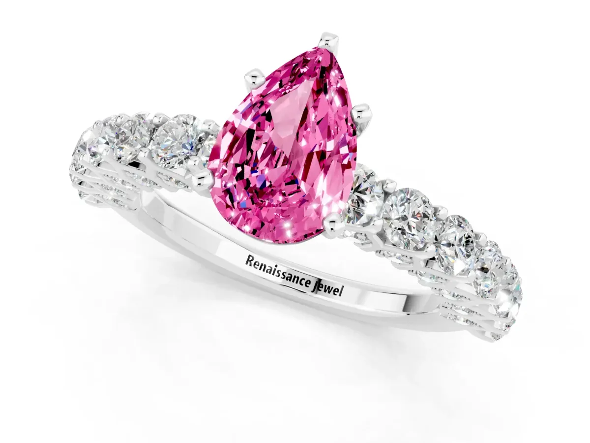 Pear Cut Pink Sapphire Solitaire Ring with Shared Prong Pavé Band and Four-Prong Setting Silver