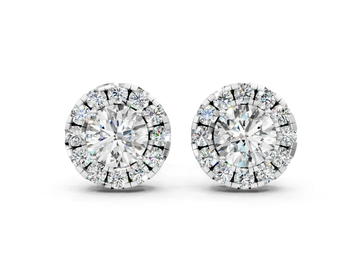 Round Cut Diamond Halo Stud Earrings Silver