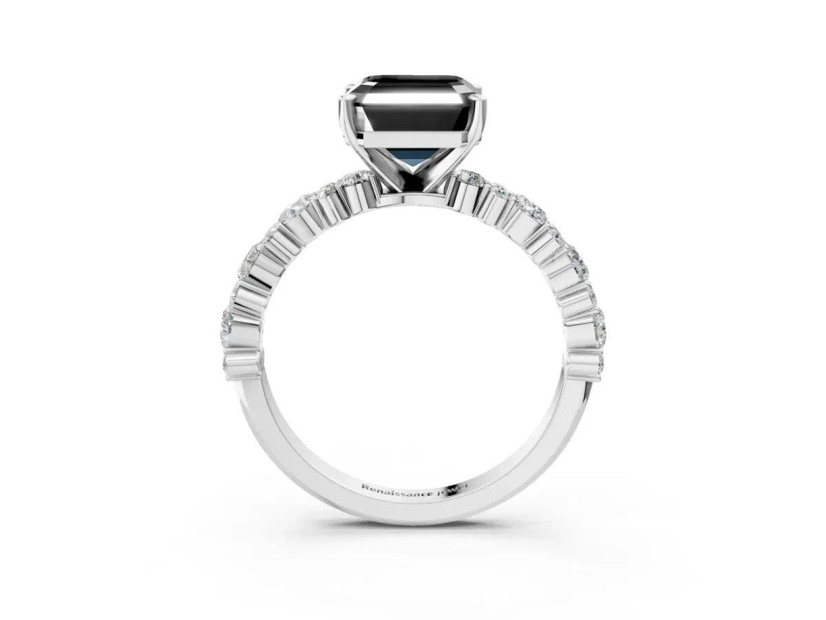 Fancy Black Asscher Cut Diamond Side Stone Solitaire Ring with Round and Four-Prong Setting White gold