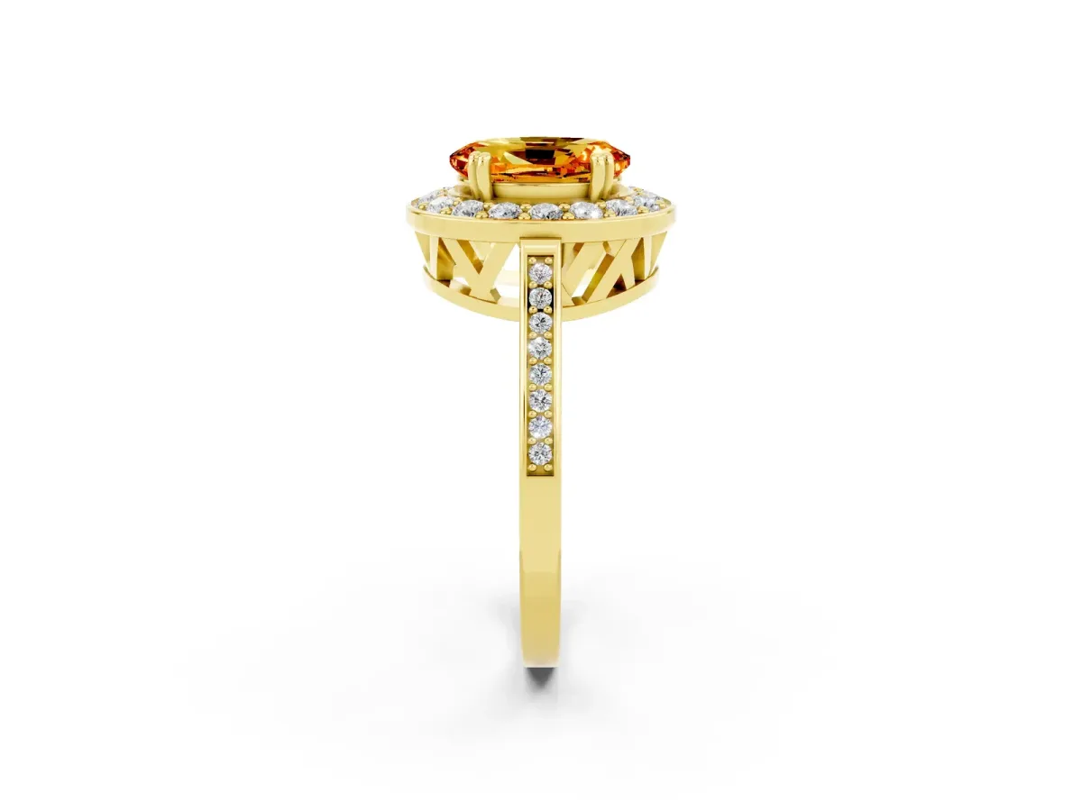 Oval Cut Citrine Halo Ring with Split Shank and Four-Prong Setting Yellow gold