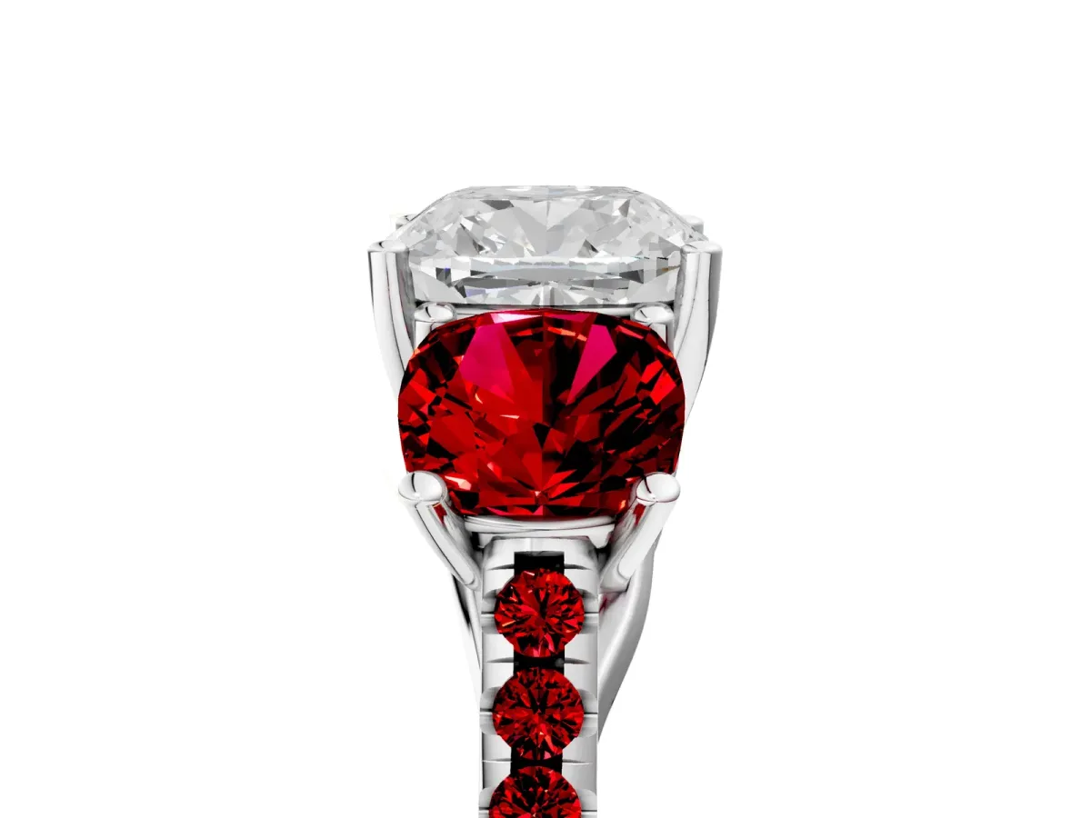 Three-Stone Cushion Cut Diamond Ring with Round Ruby Pavé Band and Prong Setting White gold