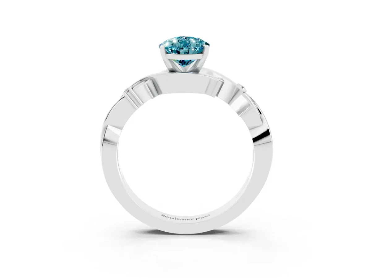 Pear Cut Blue Topaz Solitaire Ring with Twisted Band and Prong Setting Platinum