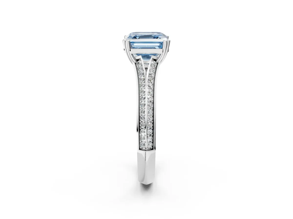 Fancy Blue Asscher Cut Diamond Split Shank Engagement Ring with Pavé Band Platinum