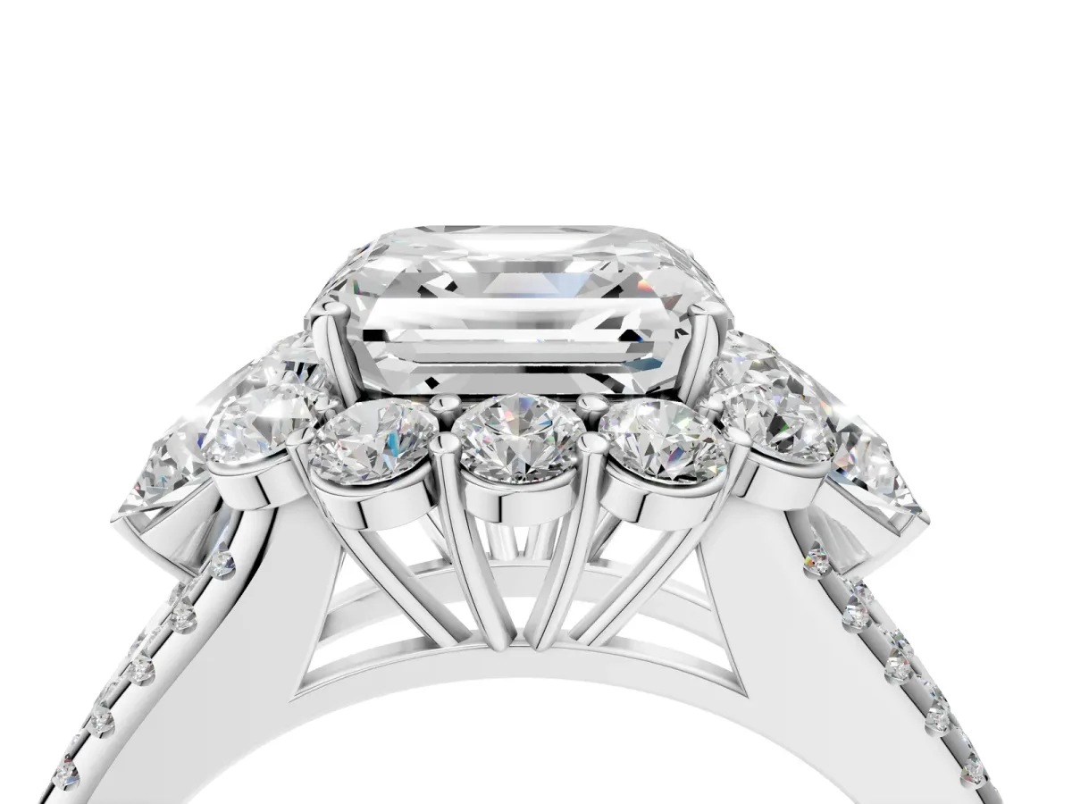 Asscher Cut Halo Split Shank Diamond Engagement Ring with Prong Setting Platinum