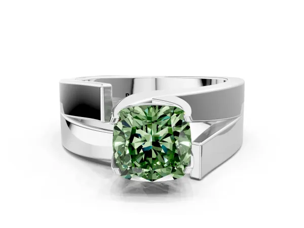 Fancy Green Modern Tension Set Cushion Cut Diamond Solitaire Wide Band Ring Platinum