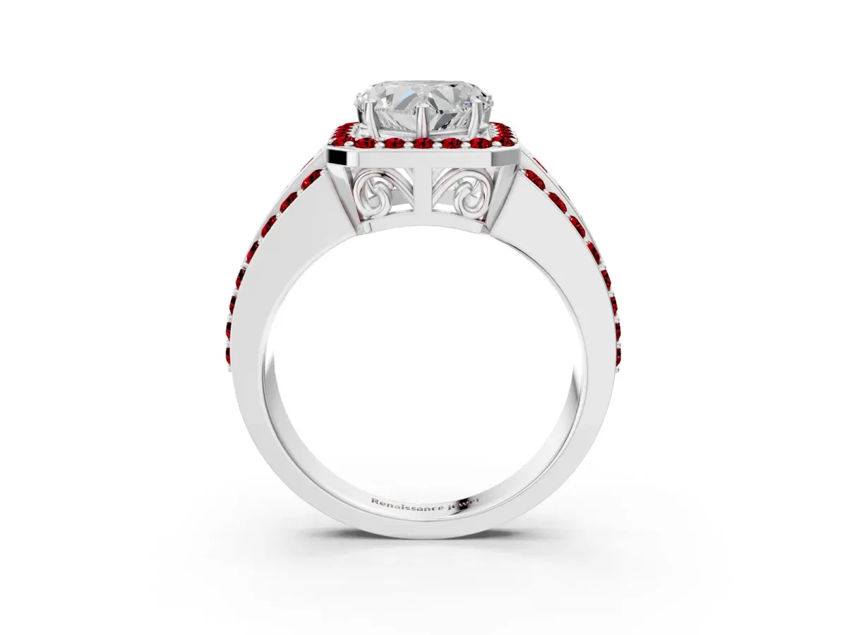 Heart Cut Halo Diamond Ring with Round Ruby Split Shank and Prong Setting Platinum