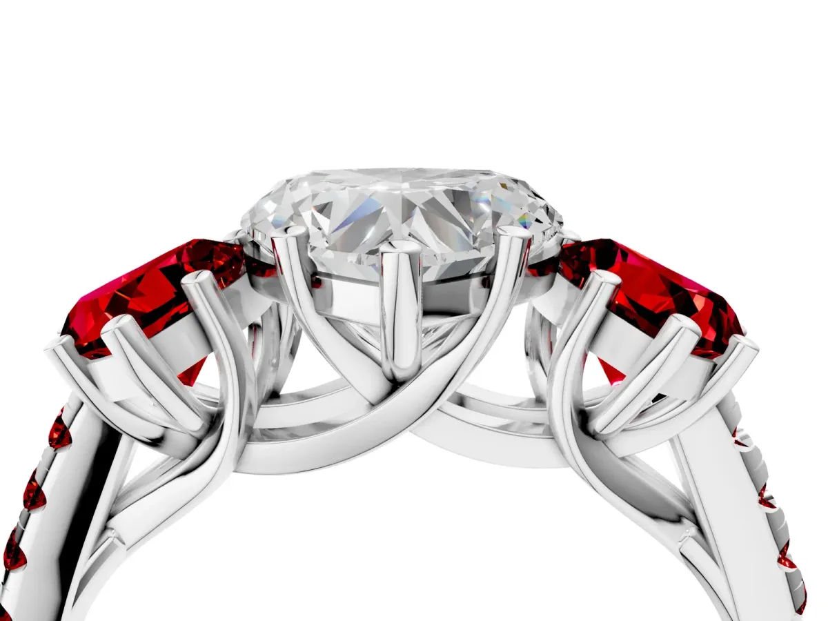 Three-Stone Heart Cut Diamond Ring with Round Ruby Pavé Band and Prong Setting Silver
