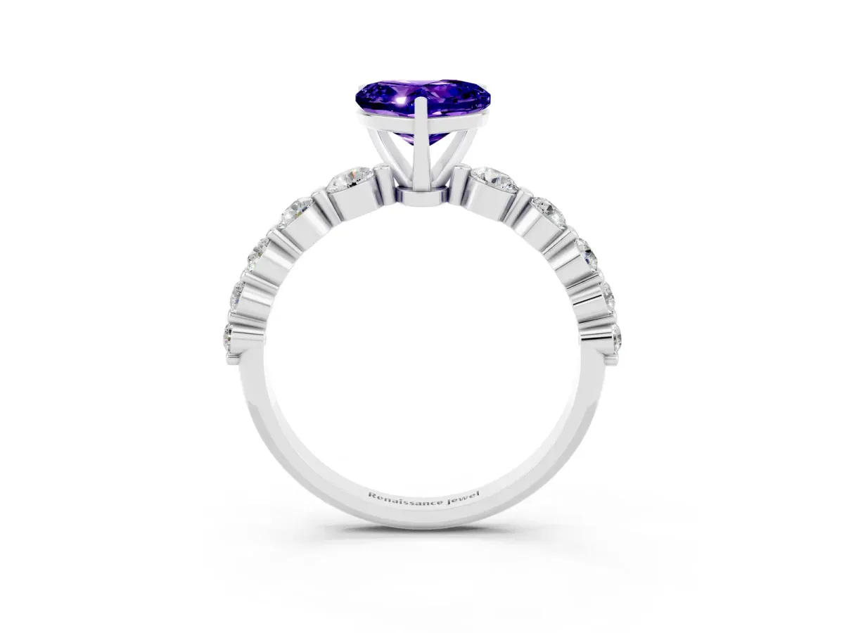 Heart Cut Solitaire Tanzanite Ring with Pave Band and Four-Prong Setting Silver