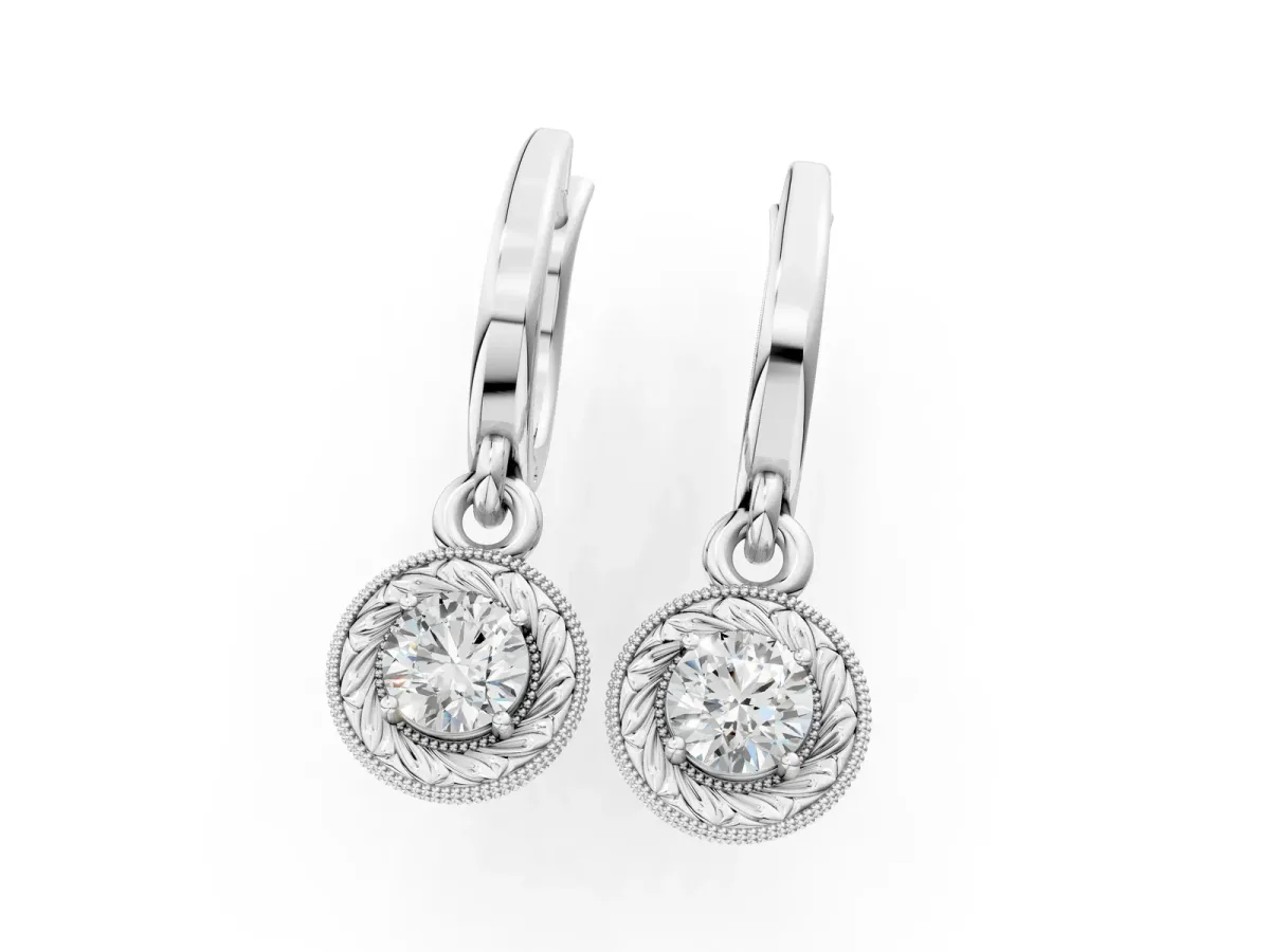 Round Cut Milgrain Bezel Set Leverback Earrings Silver