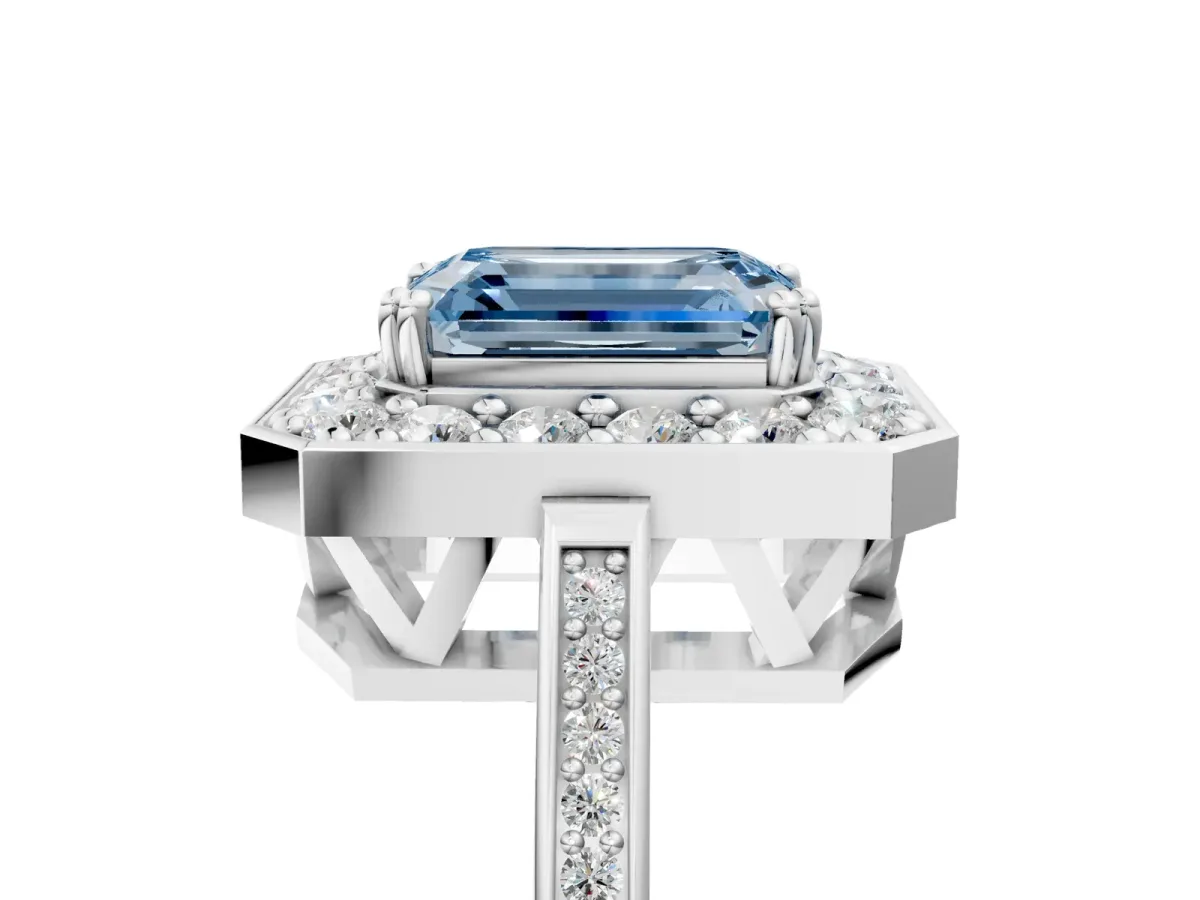 Fancy Blue Emerald Cut Diamond Halo Ring with Split Shank and Four-Prong Setting White gold