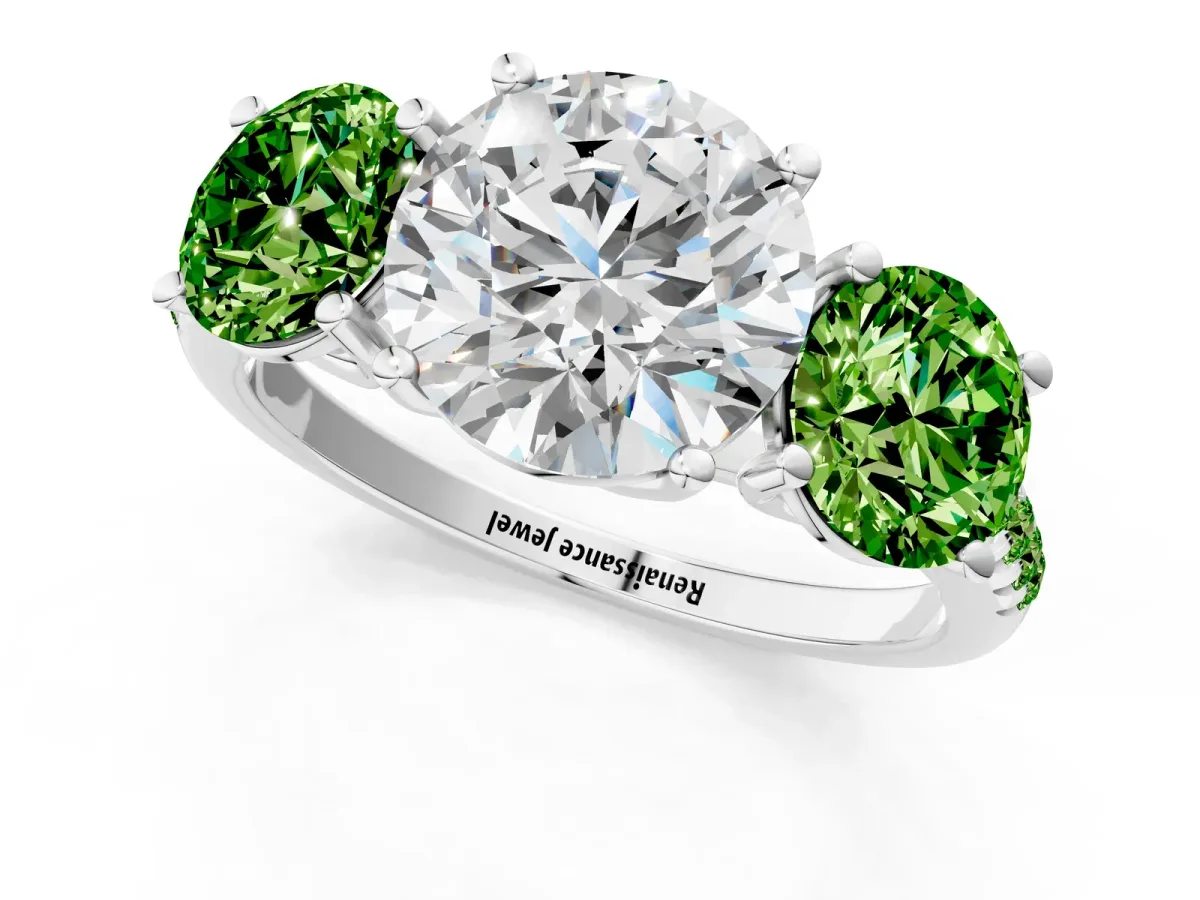 Three-Stone Round Cut Diamond Ring with Round Peridot Pavé Band and Prong Setting Silver