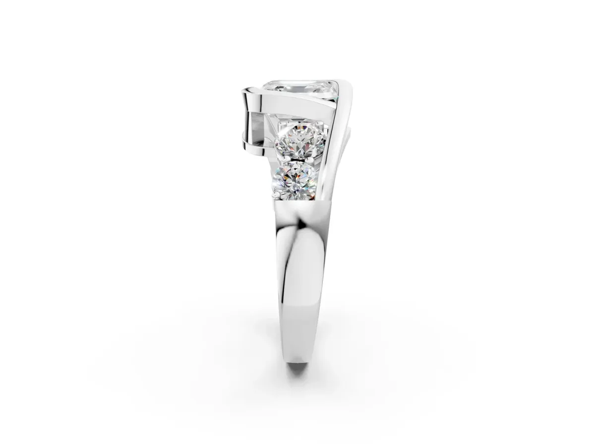 Bezel Set Asscher Cut Diamond Bypass Ring with Round Accents White gold