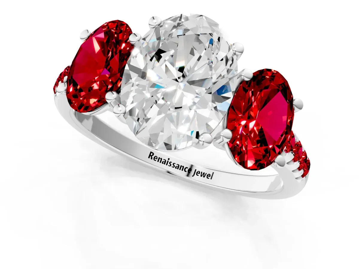 Three-Stone Oval Cut Diamond Ring with Round Ruby Pavé Band and Prong Setting Platinum