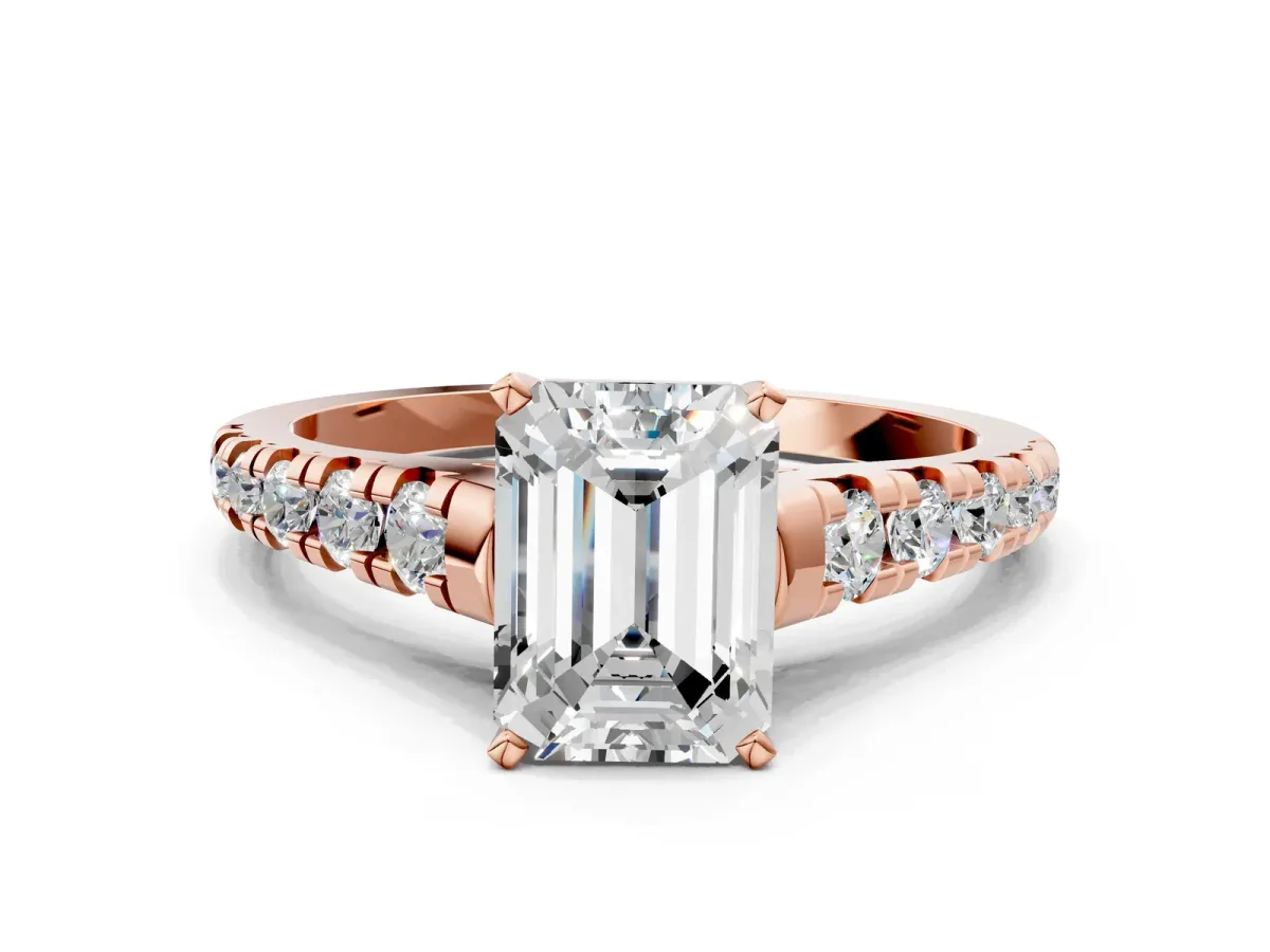 Emerald Cut Diamond Cathedral Solitaire Ring with Round Pavé Band Rose gold