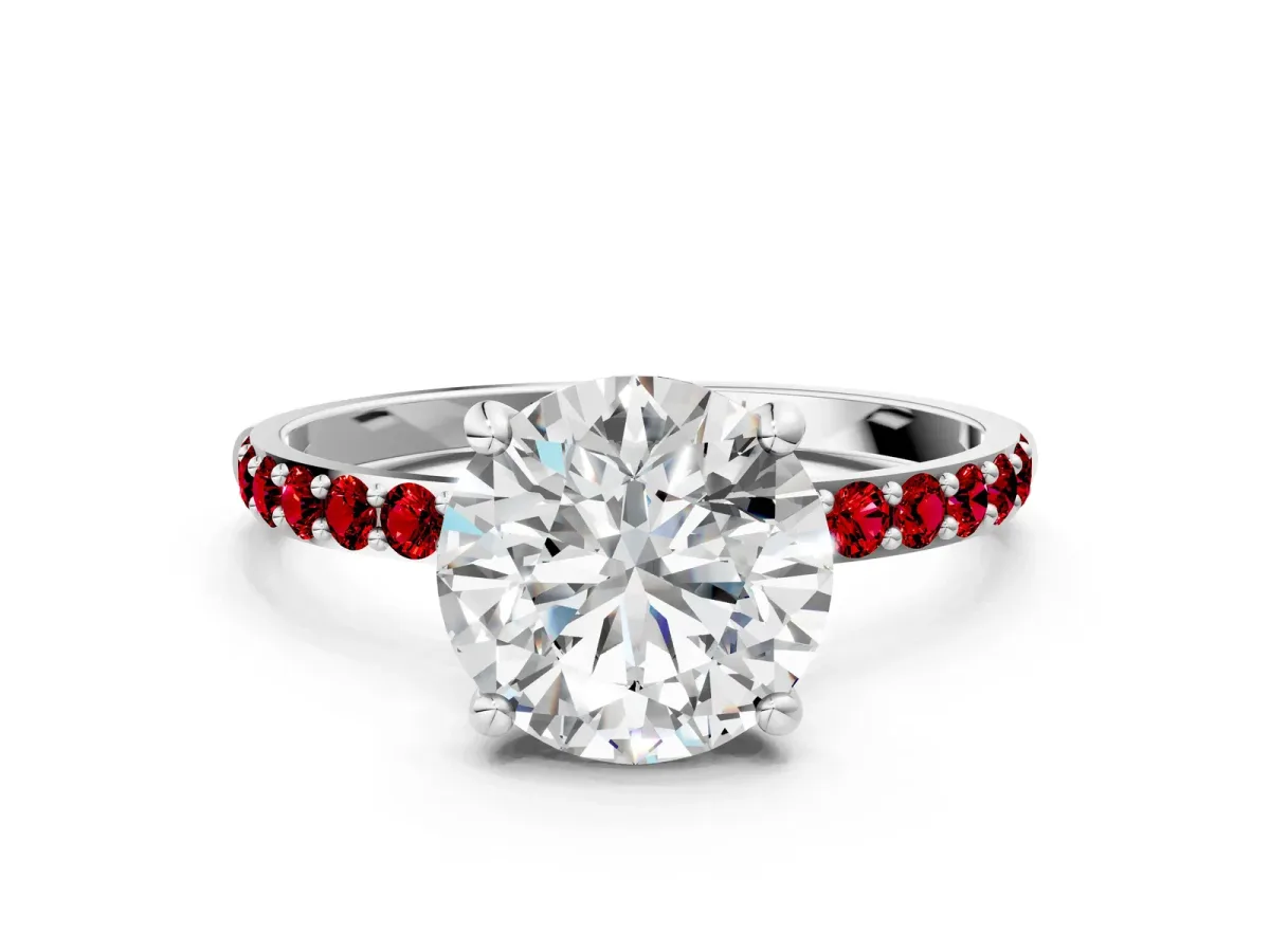 Round Cut Diamond Solitaire Ring with Round Ruby Pavé Band and Prong Setting Silver