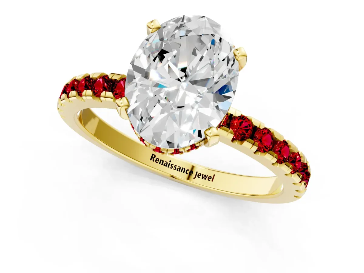 Oval Cut Diamond Solitaire Ring with Round Ruby Pavé Band and Four-Prong Setting Yellow gold
