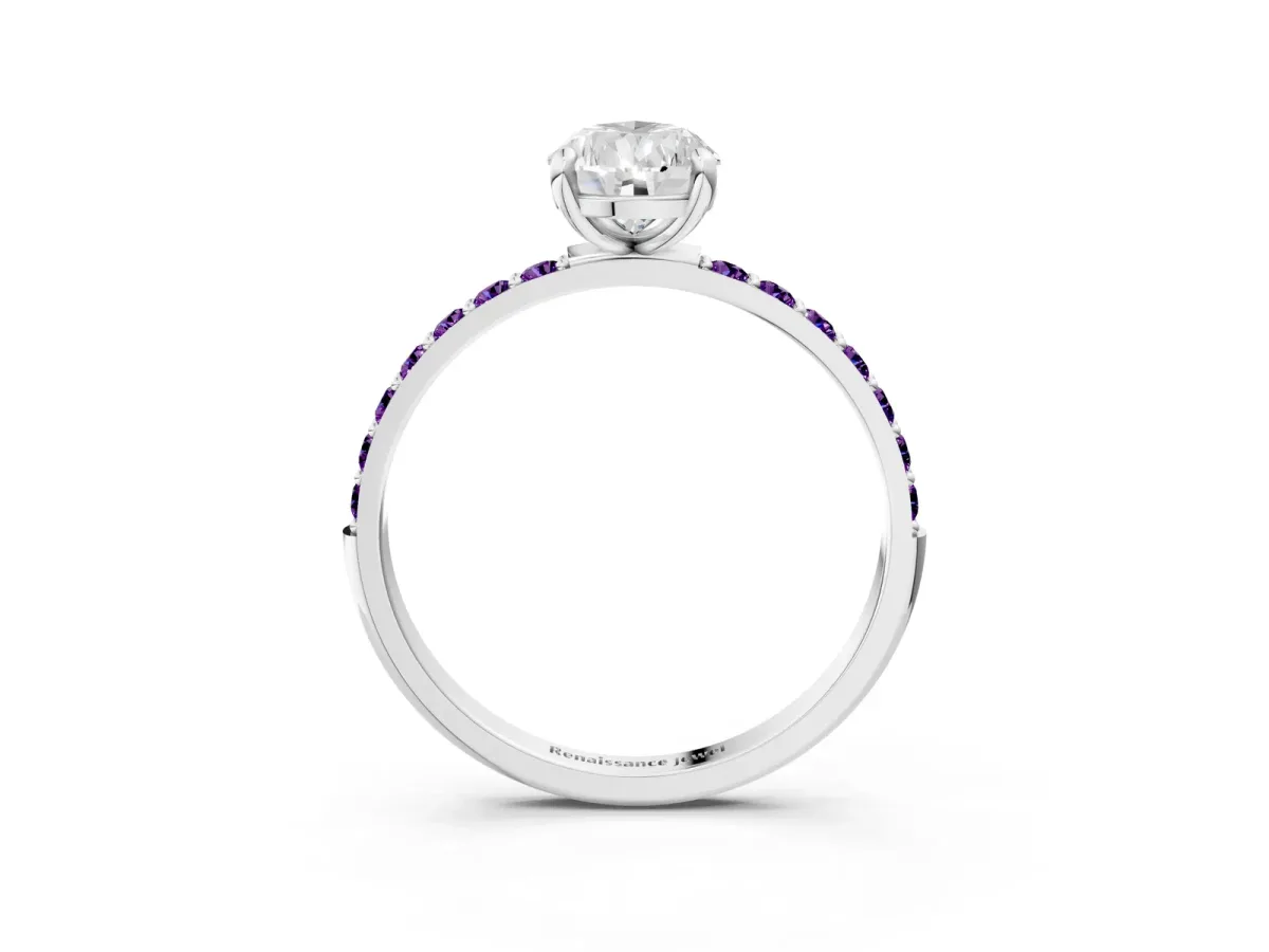 Pear Cut Diamond Solitaire Ring with Round Amethyst Pavé Band and Prong Setting Silver