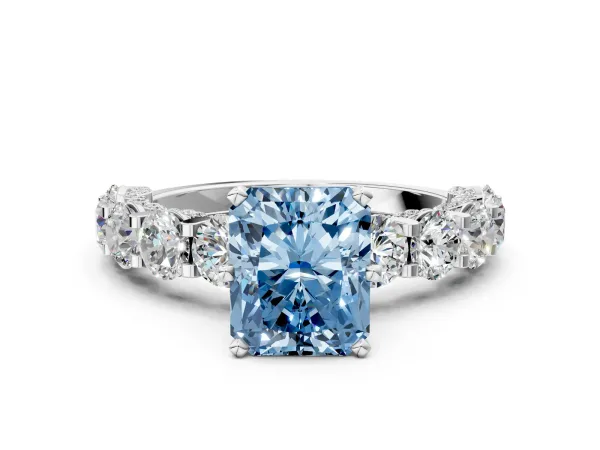 Fancy Blue Radiant Cut Diamond Side Stone Engagement Ring with Four-Prong Setting White gold