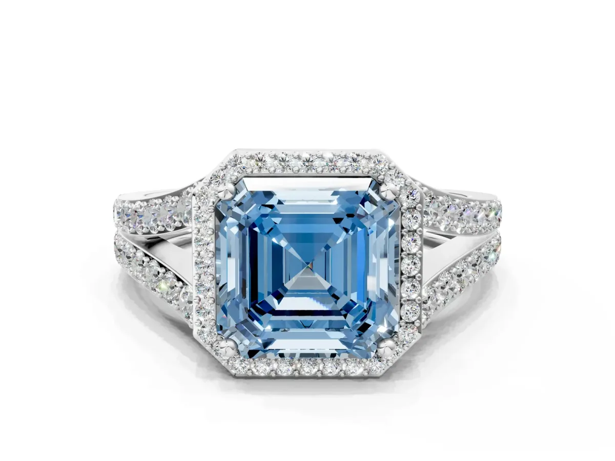 Fancy Blue Asscher Cut Diamond Split Shank Halo Ring with Four-Prong Setting Platinum
