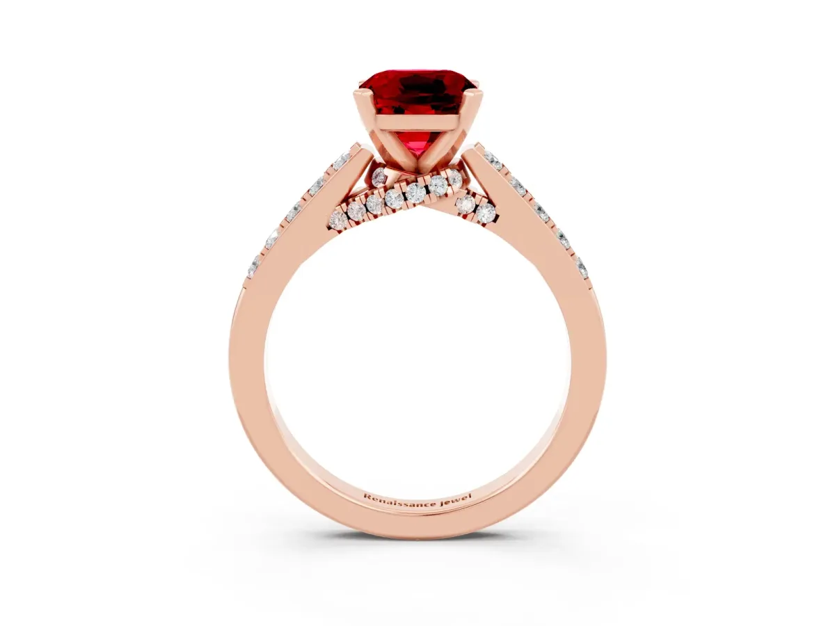 Cushion Cut Ruby Solitaire Ring with Crossover Gallery and Round Pavé Band Rose gold