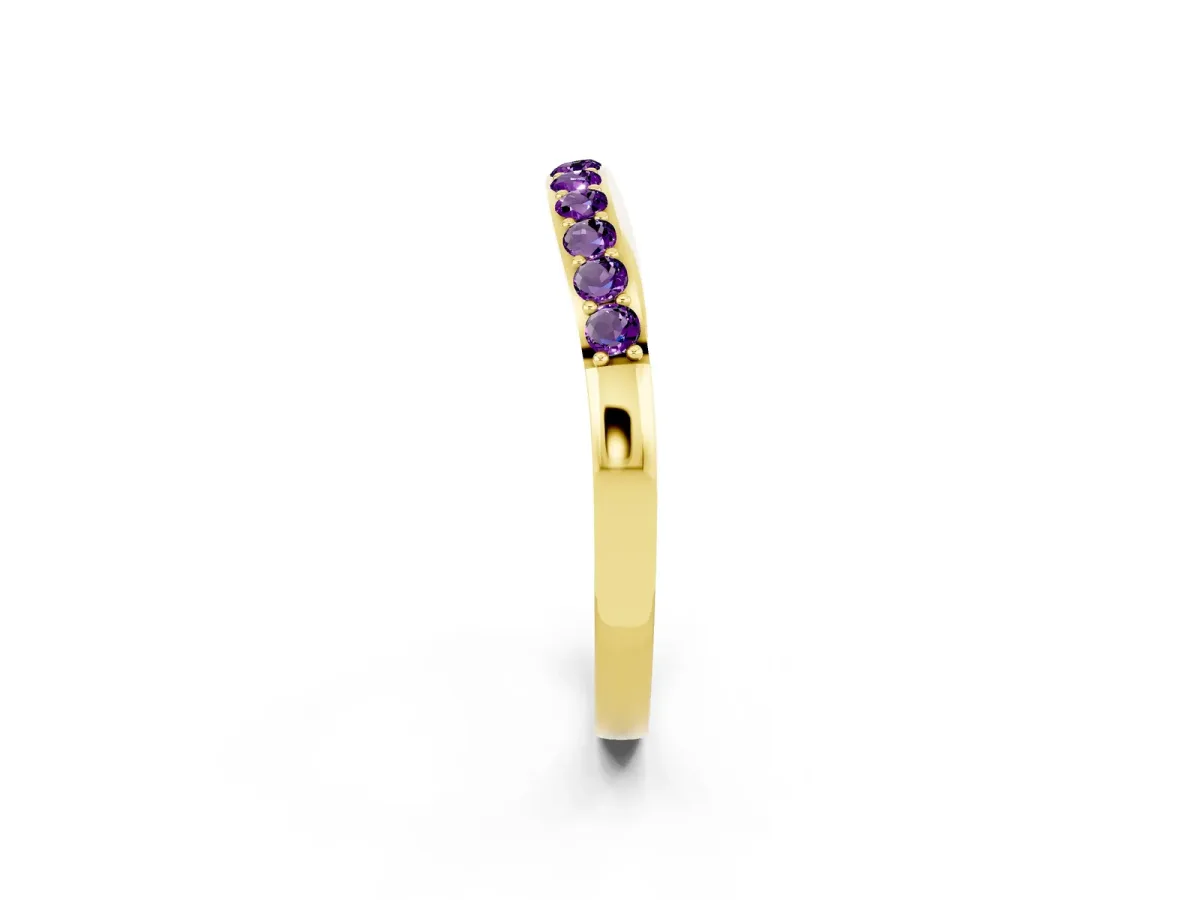 Round Amethyst Curved Wedding Band with Channel Setting Yellow gold