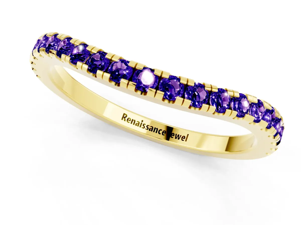 Round Tanzanite Pavé Half Eternity Band with Shared Prong Setting Yellow gold