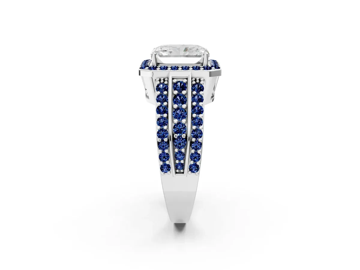 Radiant Cut Halo Diamond Ring with Round Blue Sapphire Split Shank and Prong Setting Silver