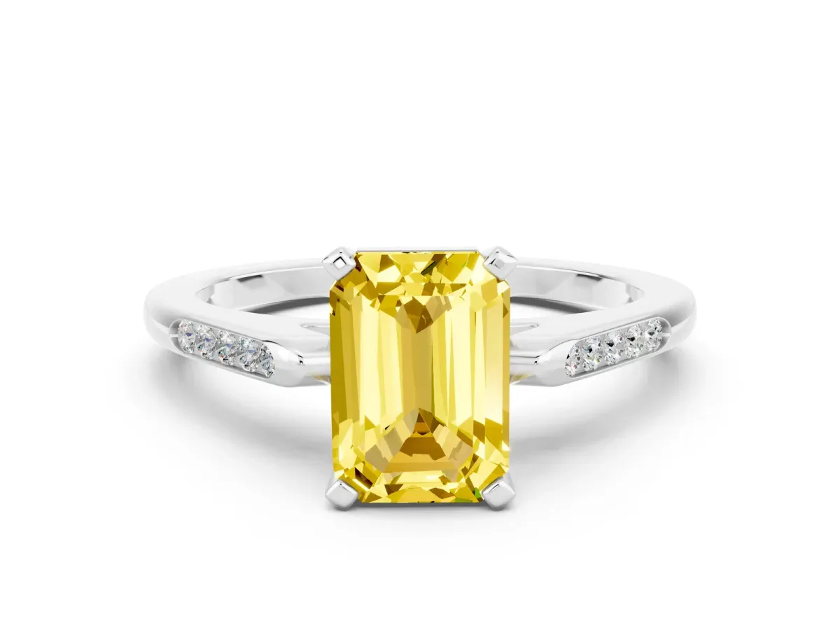 Emerald Cut Yellow Sapphire Solitaire Ring with Channel Set Round Band and Prong Setting Silver