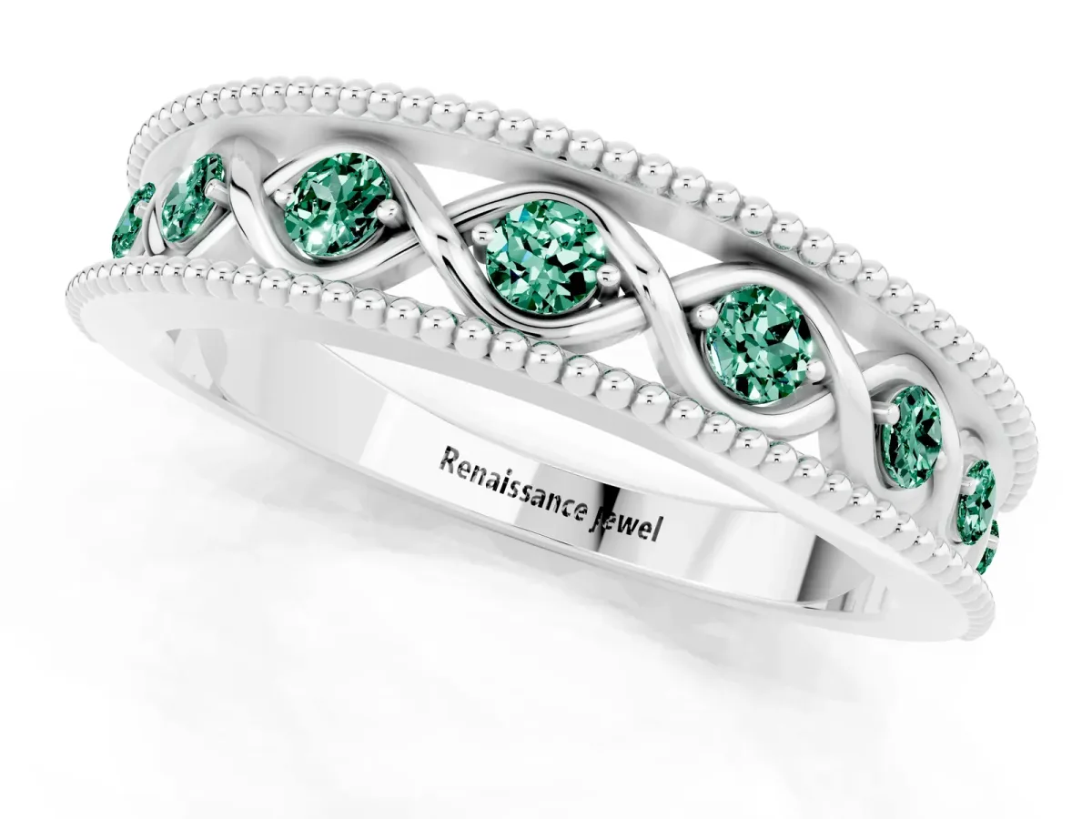 Round Green Sapphire Twist Milgrain Band with Bezel Setting Platinum