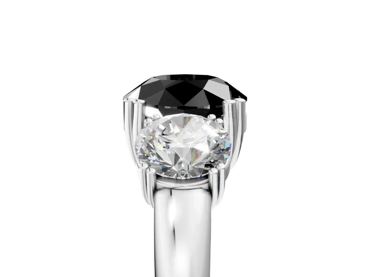 Fancy Black Three-Stone Round Cut Cut Diamond Ring with Channel Set Band and Four-Prong Setting Silver