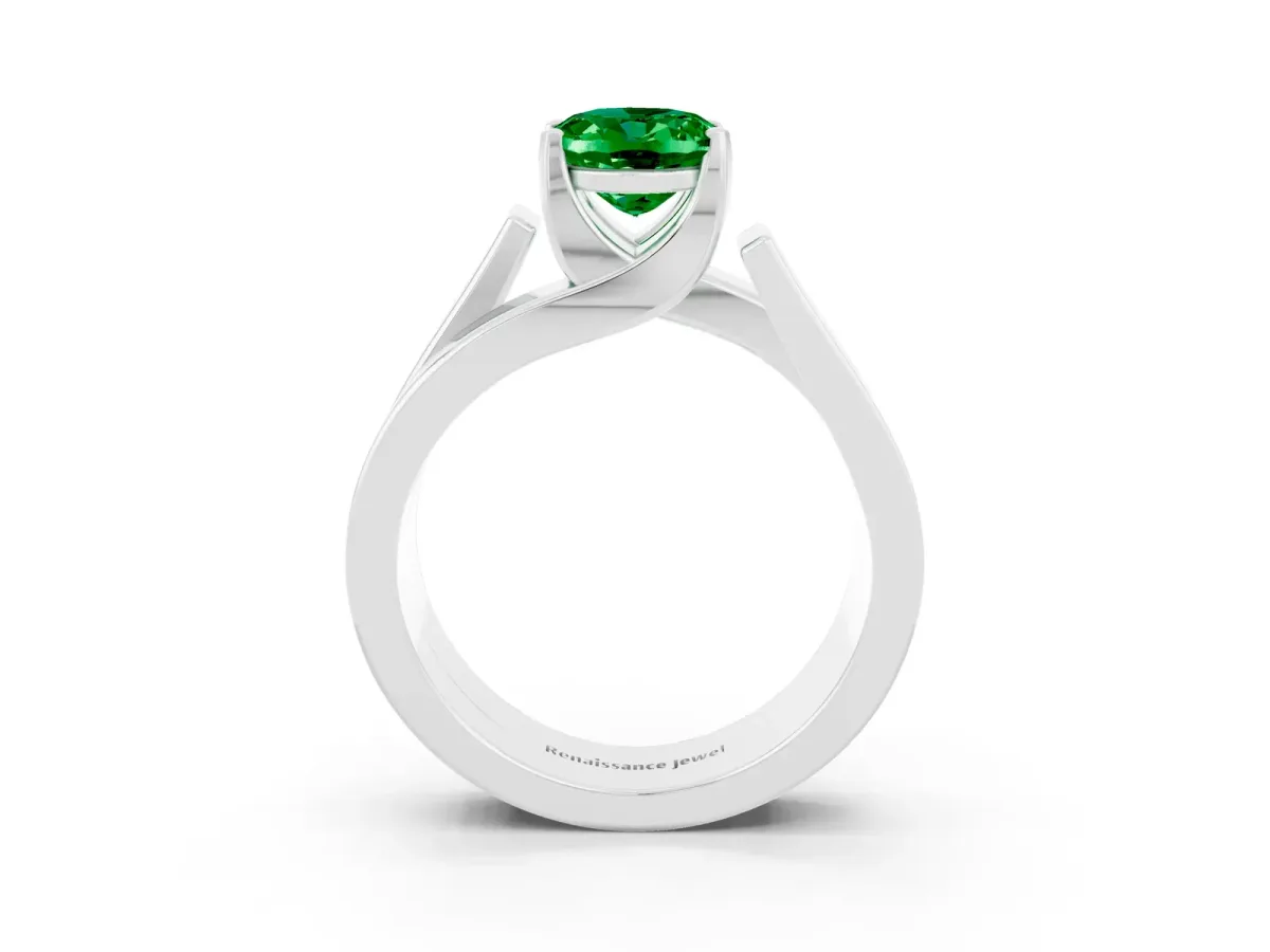 Modern Tension Set Oval Cut Emerald Solitaire Wide Band Ring Platinum
