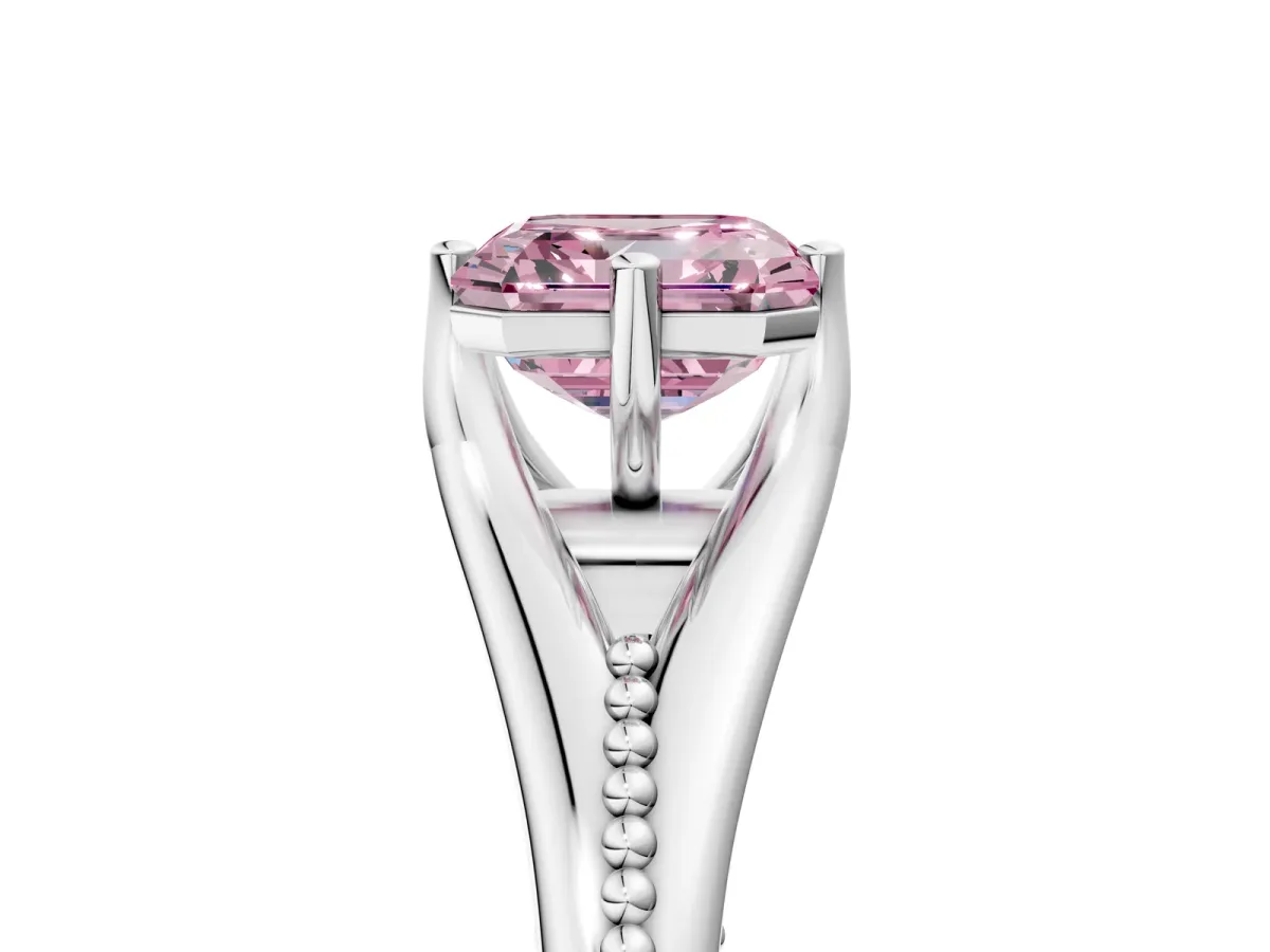 Fancy Pink Asscher Cut Solitaire Beaded Band Six-Prong Setting Platinum