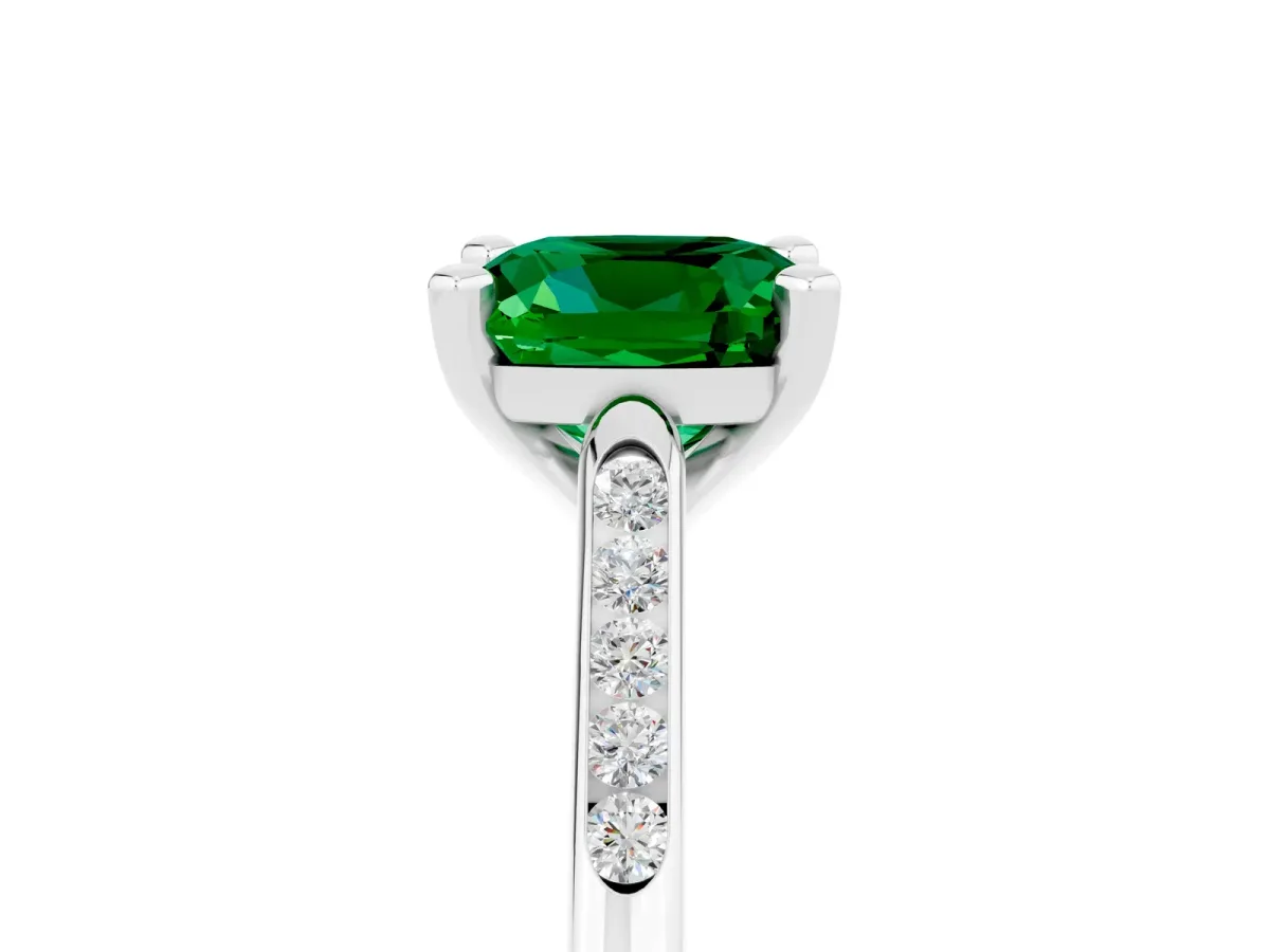 Cushion Cut Emerald Solitaire Ring with Channel Set Round Band and Prong Setting Silver