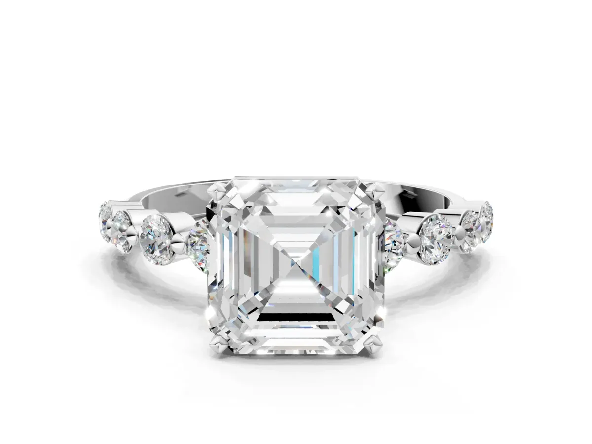 Asscher Cut Solitaire Diamond Ring with Pave Band and Four-Prong Setting Platinum