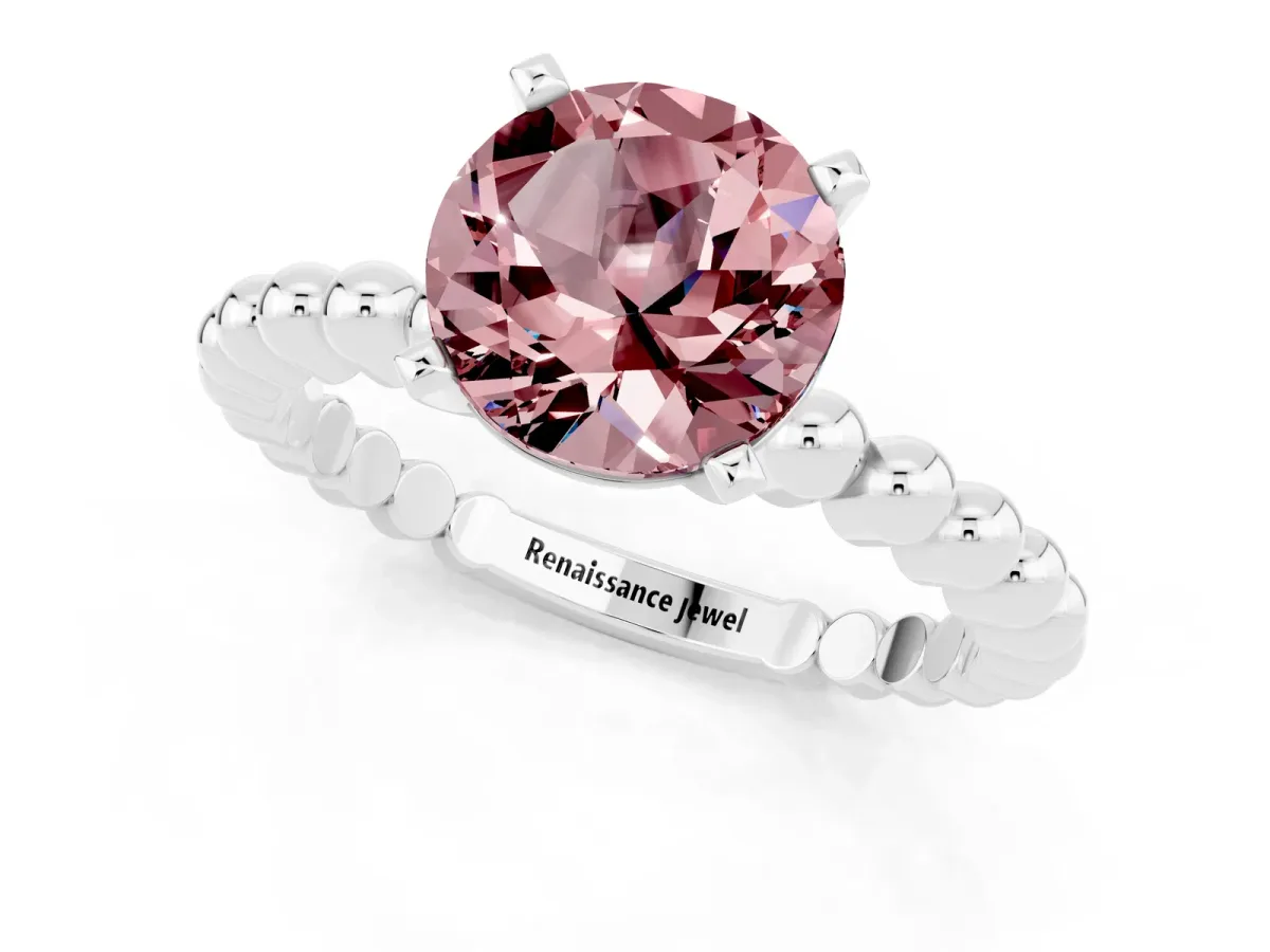 Round Cut Morganite Solitaire Ring with Beaded Band and Prong Setting Platinum