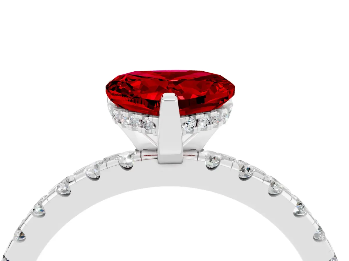 Heart Cut Ruby Solitaire Ring with Round Pavé Band and Four-Prong Setting Silver