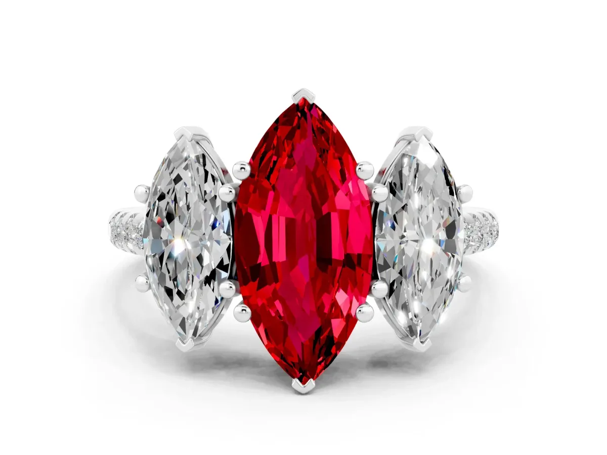 Three-Stone Marquise Cut Ruby Ring with Round Pavé Band and Prong Setting Silver