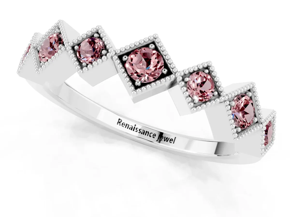 Milgrain Square Bezel Round Morganite Chevron Band Platinum